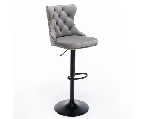 4x Height Adjustable Swivel Bar Stool Velvet Nailhead Barstool with Footrest