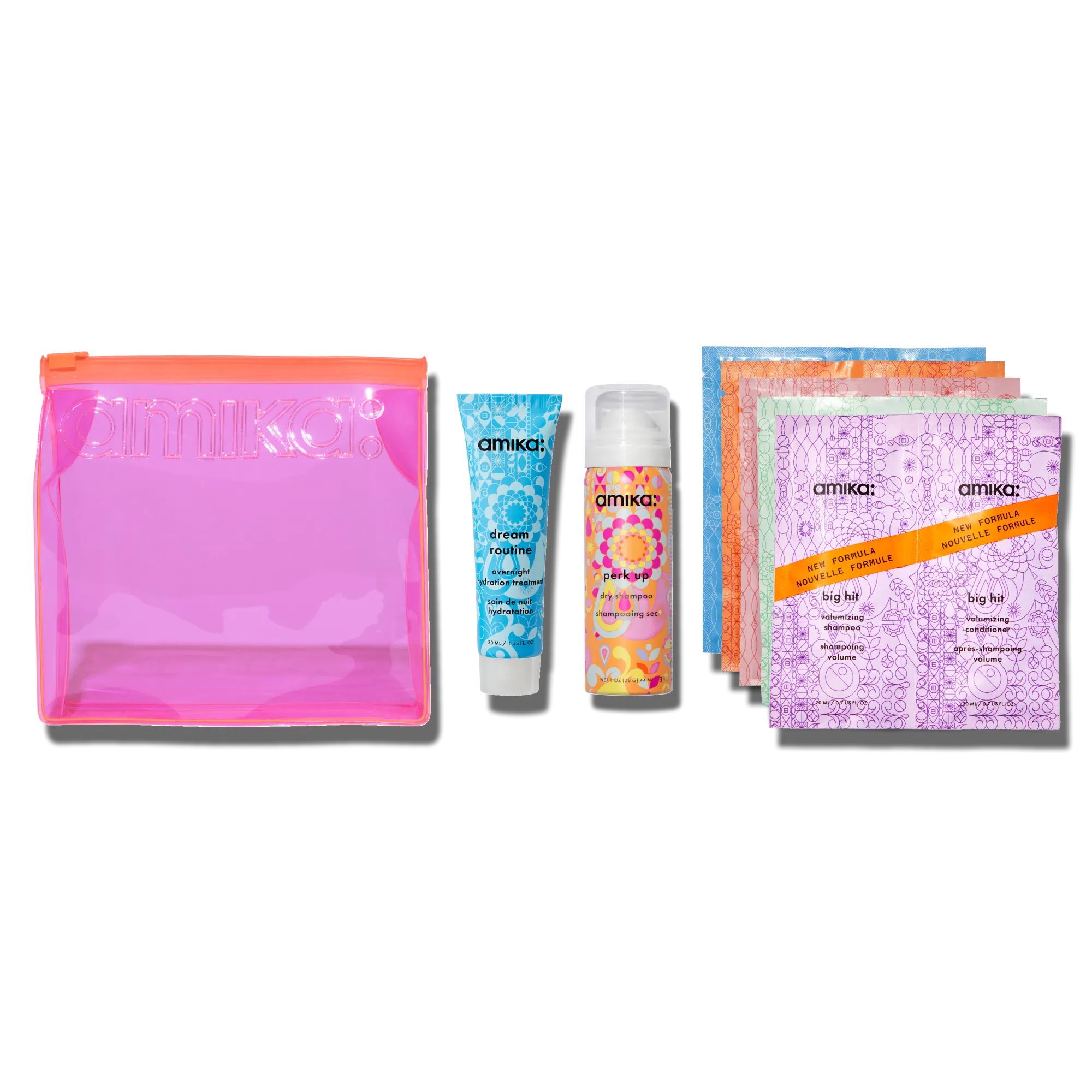 amika wash, care   treat trial set   pink travel bag