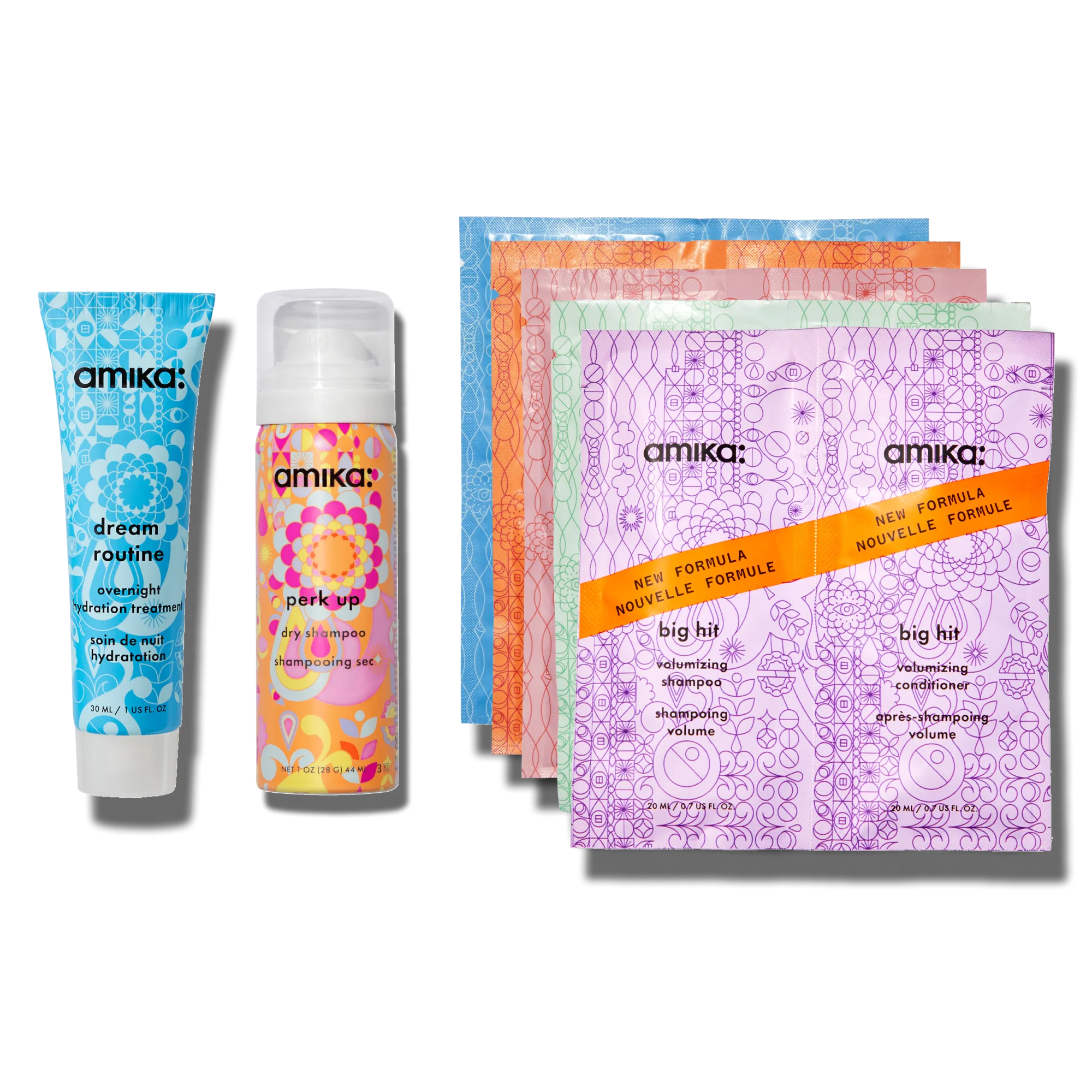 amika wash, care   treat trial set   pink travel bag