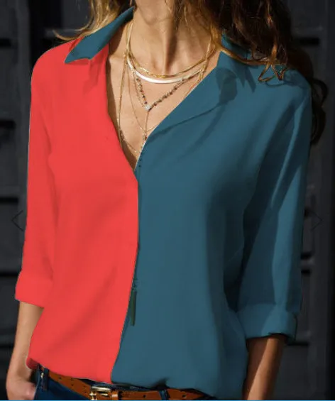 Fashion all-match color matching V-neck ladies shirt