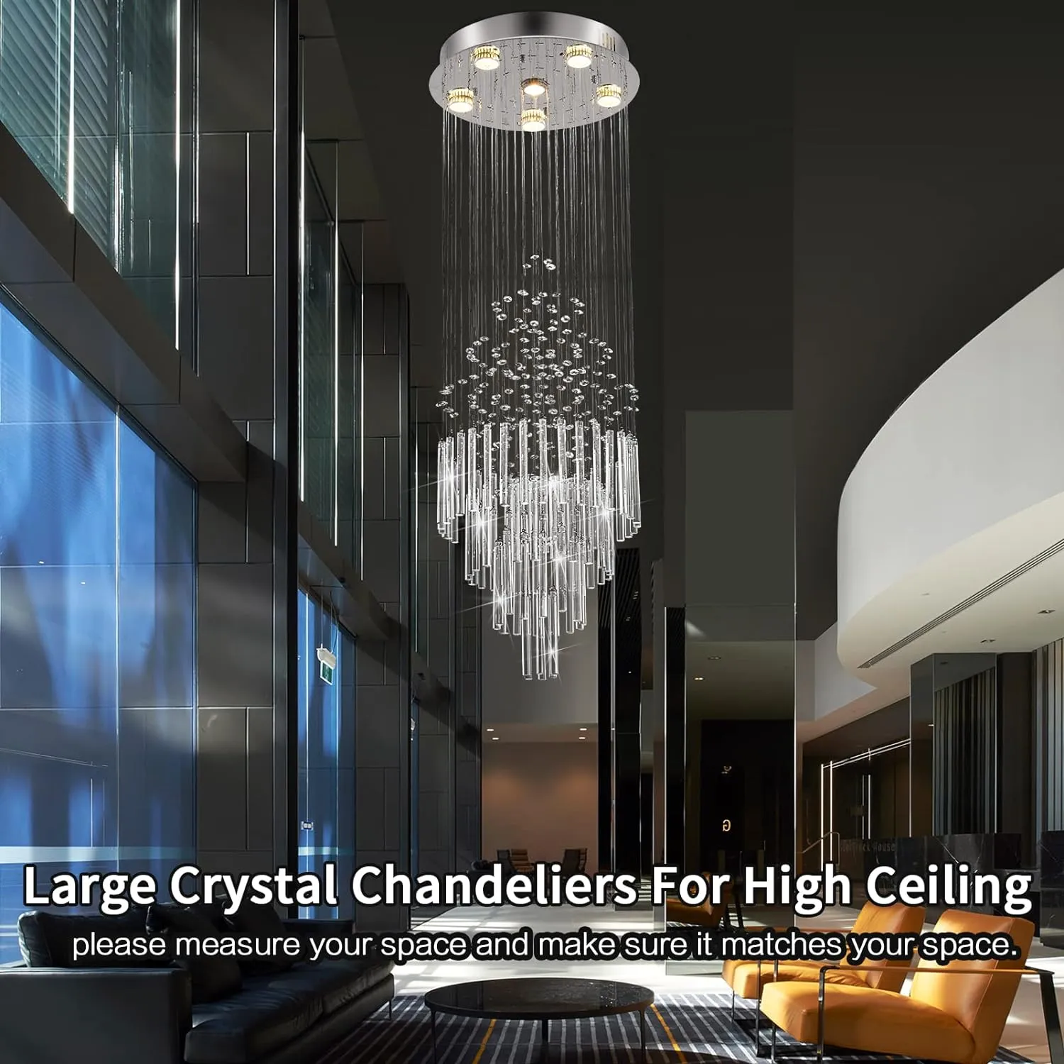 Flush Mount High Ceiling Chandelier, Modern Raindrop Crystal Chandeliers