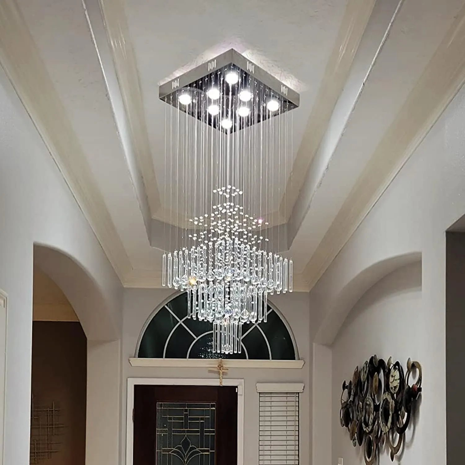 Flush Mount High Ceiling Chandelier, Modern Raindrop Crystal Chandeliers