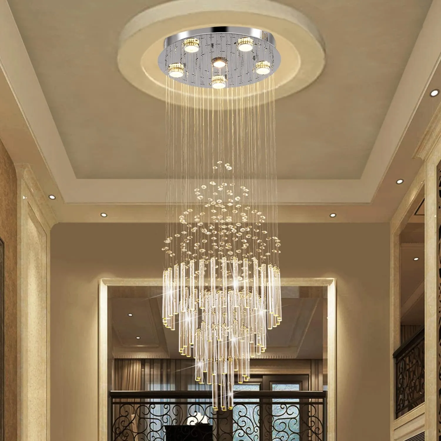 Flush Mount High Ceiling Chandelier, Modern Raindrop Crystal Chandeliers