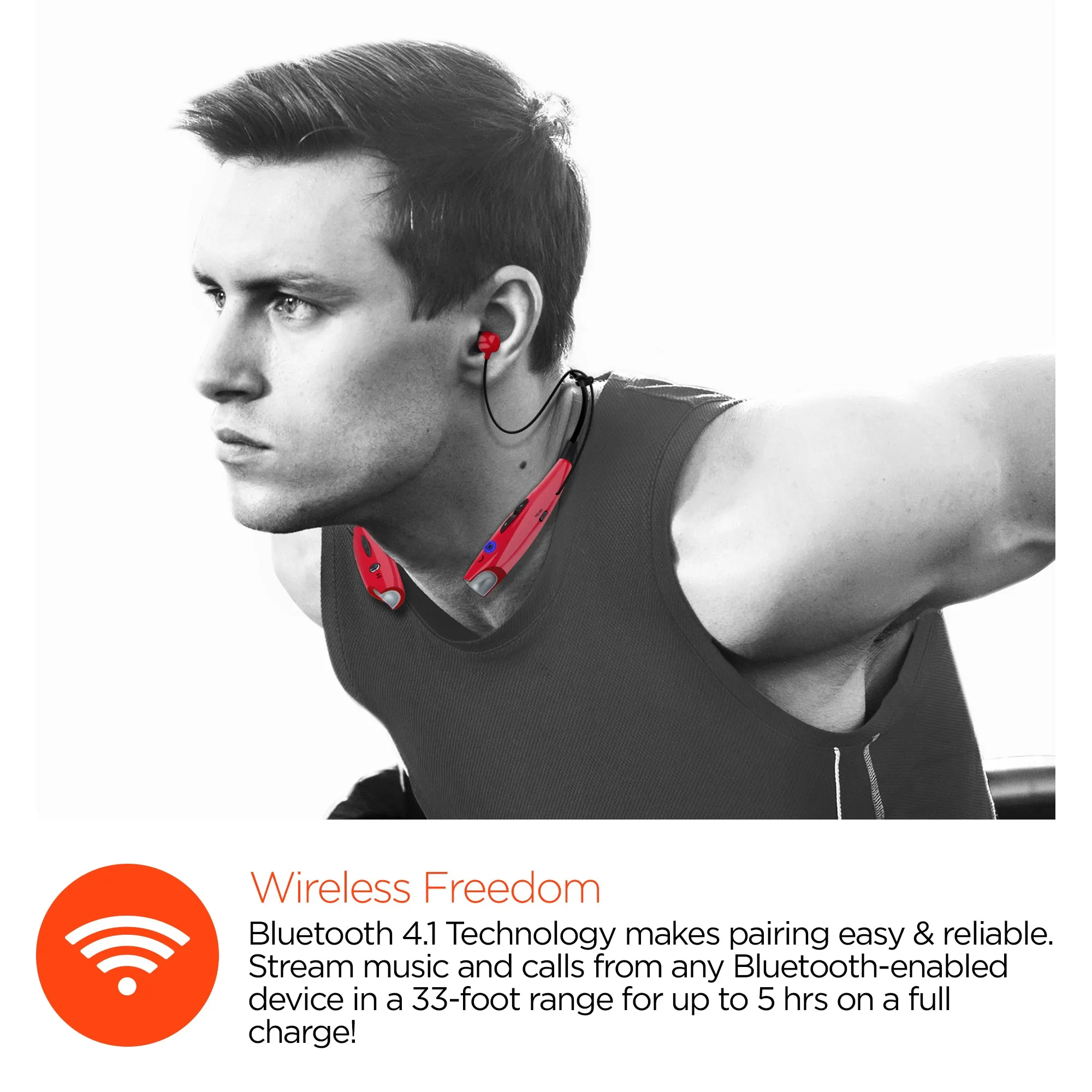 Freedom BT100 Red around the neck stereo bluetooth headset with 4.1 bluetooth technology