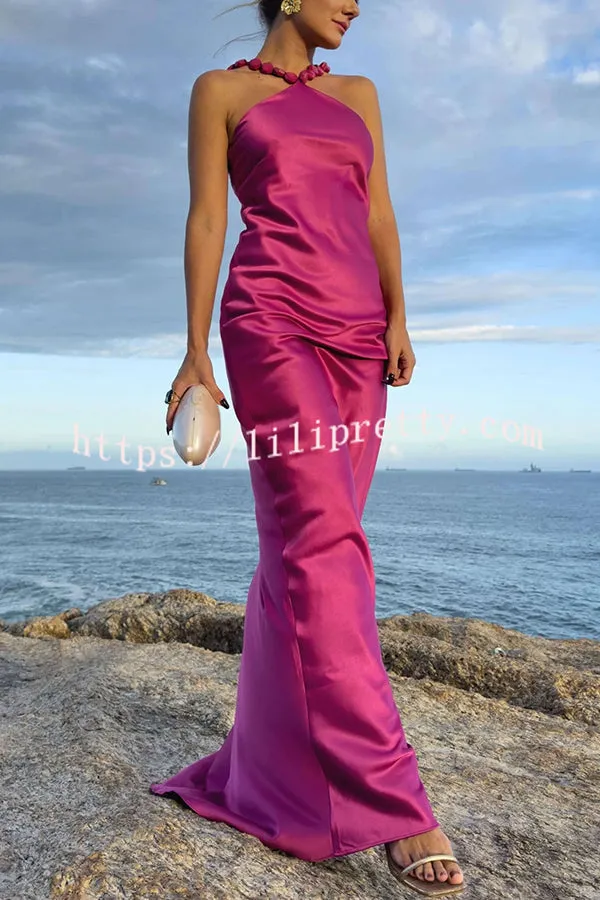 Luxurious and Elegant Satin Stone Halter Straps Maxi Dress