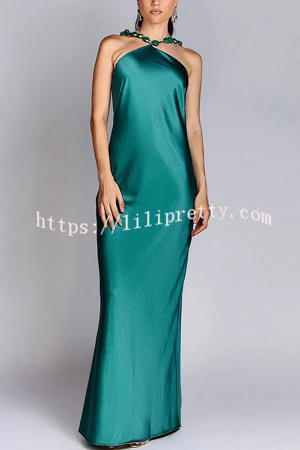 Luxurious and Elegant Satin Stone Halter Straps Maxi Dress