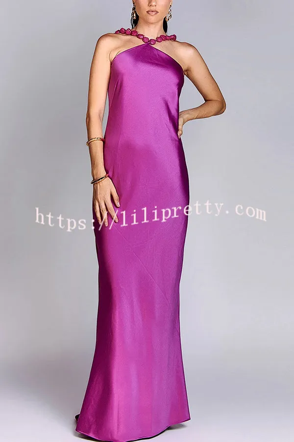 Luxurious and Elegant Satin Stone Halter Straps Maxi Dress