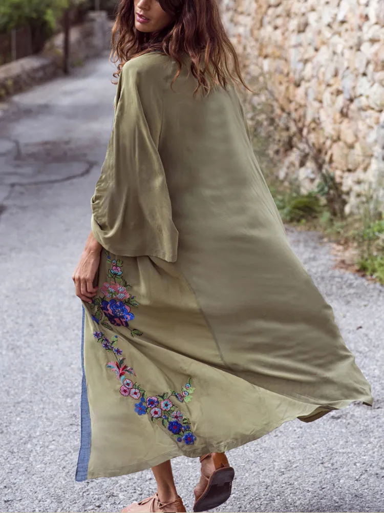 Nightwear Flower Embroidered Army-Green Color Cotton Long Length Gown Robe