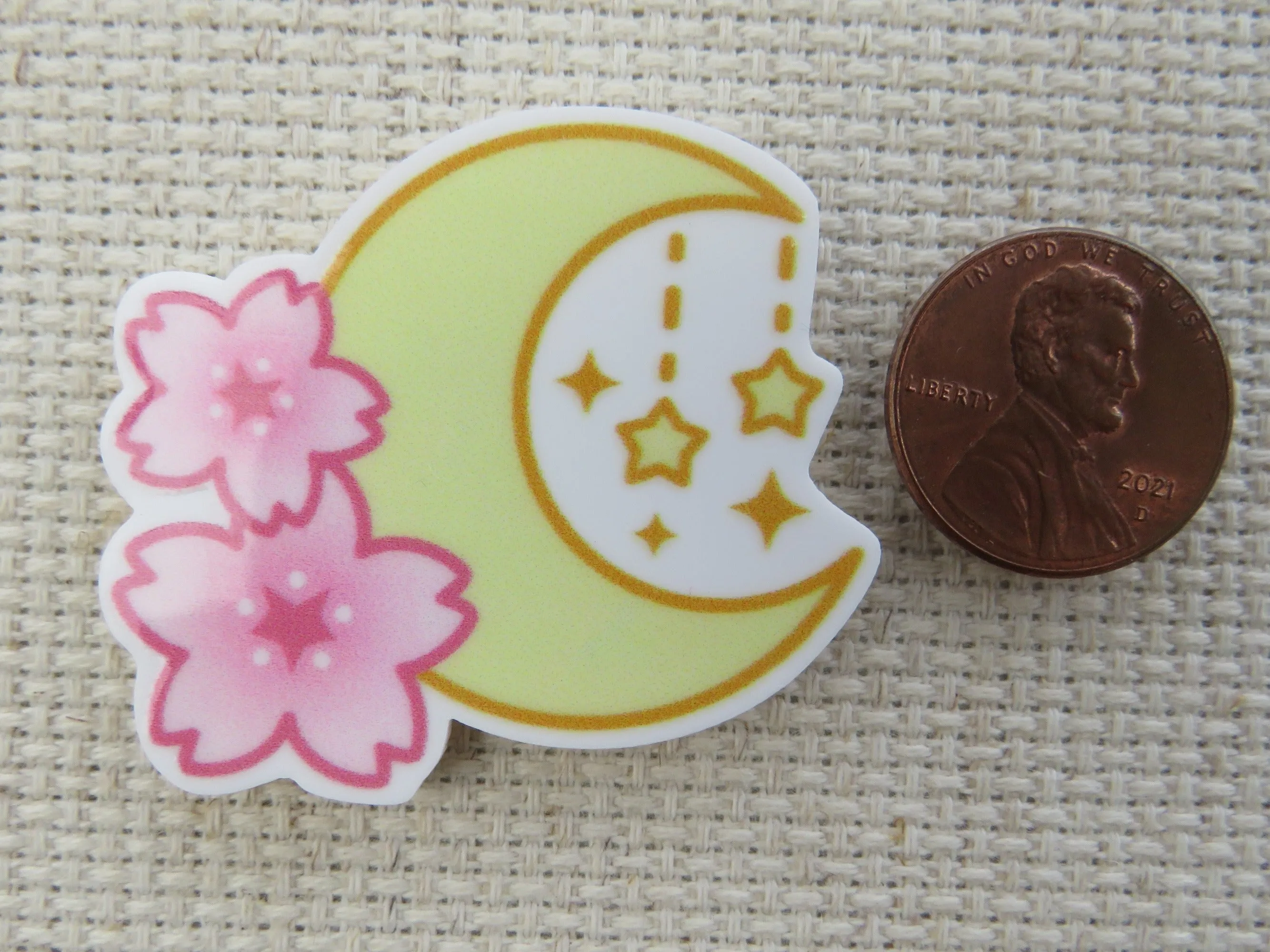 Pink Hibiscus Flowers Adorn a Moon with Dangling Stars Needle Minder, Cover Minder, Magnet