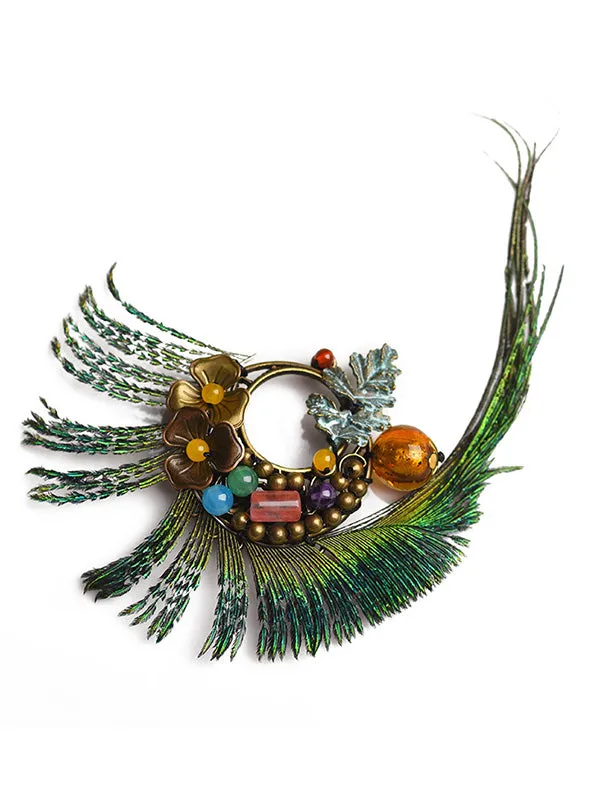 Vintage Peacock Feather Floral Brooch